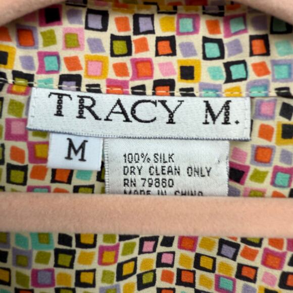 1990s Vintage 100% Silk Top Button Up Shirt Satin 3/4 Sleeve Blouse Bow Medium - Picture 7 of 9